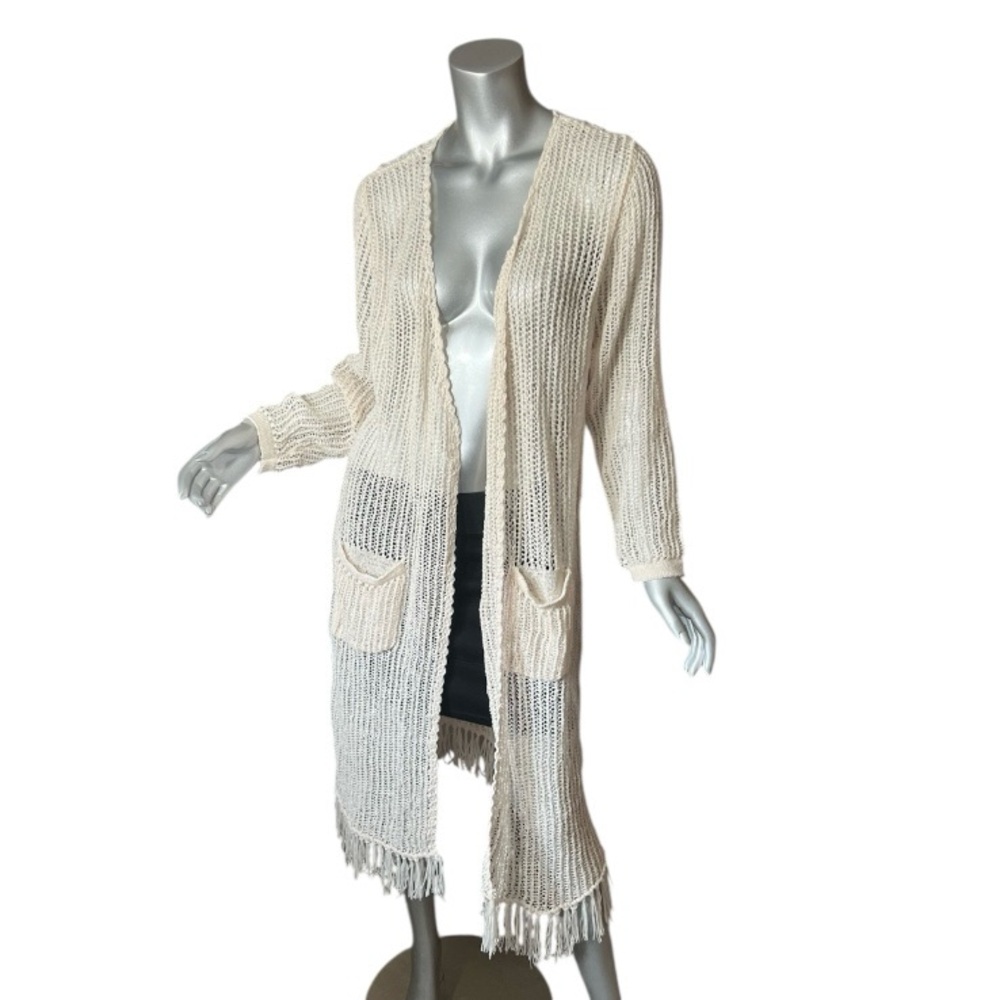 POL Women’s Small Open Knit Beige Cream Duster Cardigan Sweater Fringe New NWOT